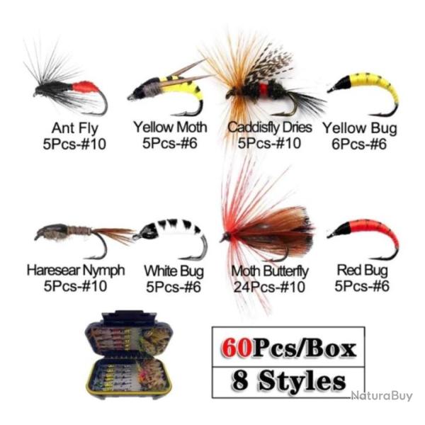 Assortiment de 60 mouches avec box de rangement