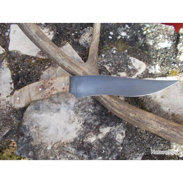 Couteau artisanal idal chasse Le Garenne lame XC75 19cm, trempe slective loupe d'rable chauff