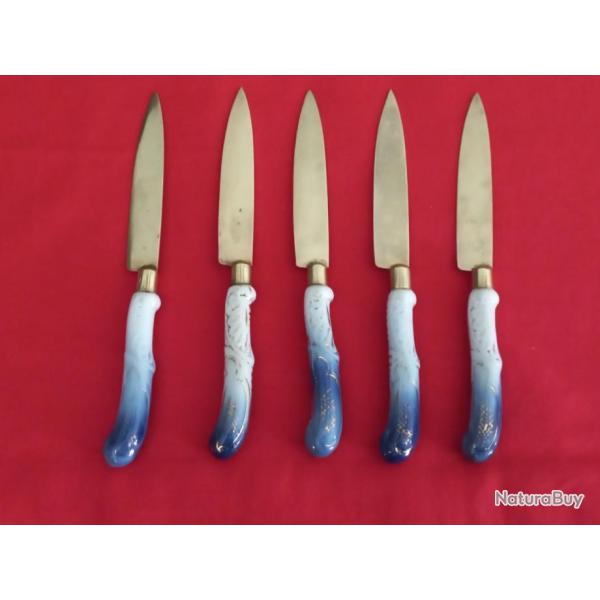 RARE  5 couteaux  fruit en laiton et porcelaine