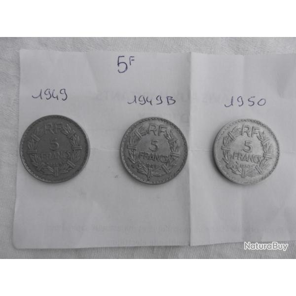 lot de 3 pi�ces de 5 francs alu ann�es 1949, 1949 B et 1950