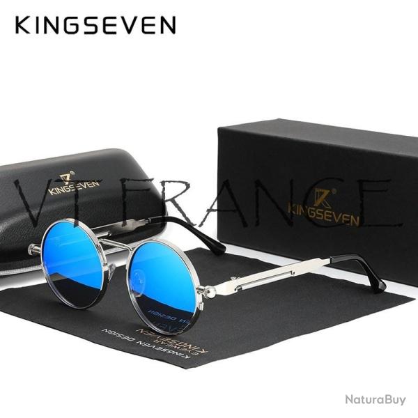 KINGSEVEN Lunettes Soleil Polarisee Steampunk, Couleur: Silver/Blue