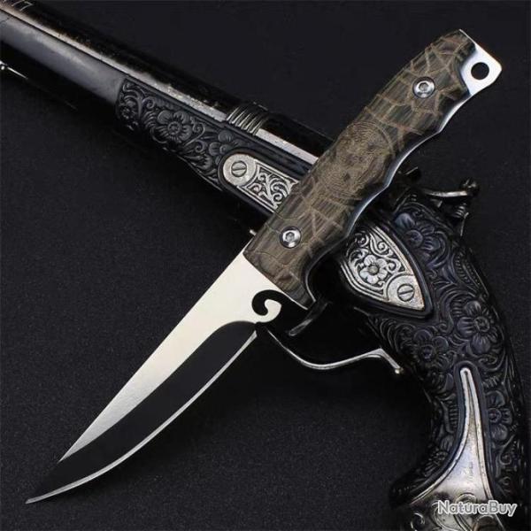 Couteau lame fixe manche en bois survie camping tactique chasse p�che gravure aigle #0115