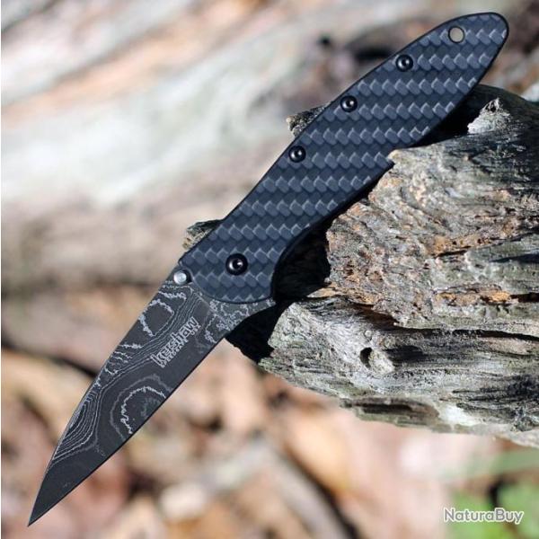 Couteau Kershaw Leek Damas A/O Manche Fibre de Carbone Lame Acier Damas Linerlock Clip KS1660CFDAM