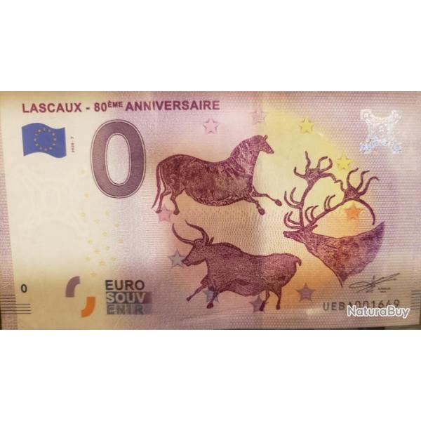 BILLET ZERO EURO SOUVENIR - GROTTE DE LASCAUX 80 �me ANNIVERSAIRE 2020 - 7 -