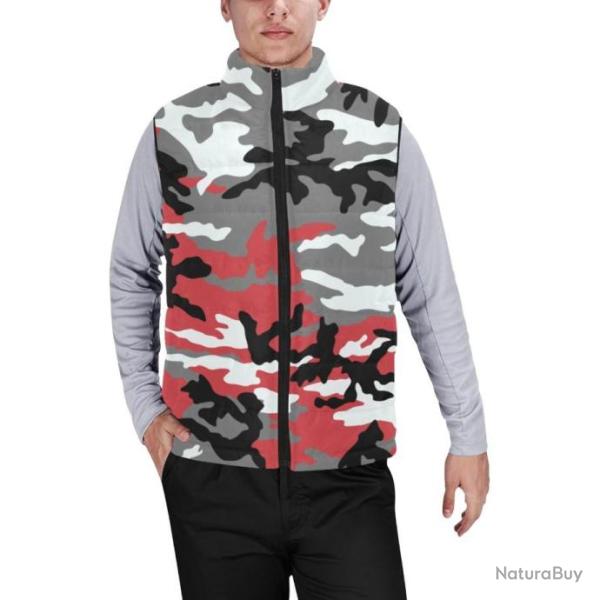 Gilet matelass� type doudoune sans manches avec col montant camouflage rouge cerise
