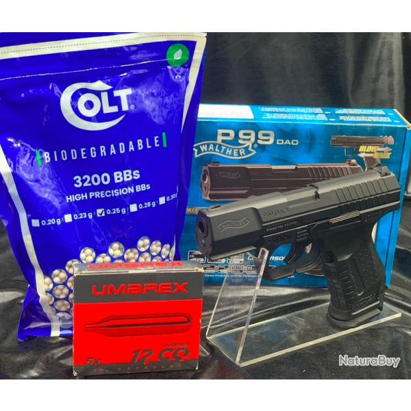 Pack Pistolet Walther P99 Noir DAO (Billes+CO2) - Airsoft - Blowback