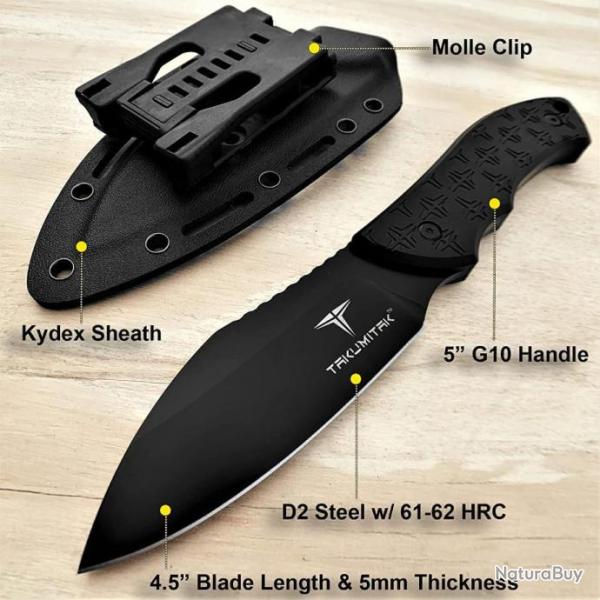 Couteau Takumitak DAY 500 Neckmuk Black Lame Acier D2 Manche G10 Etui Kydex TKF206BK