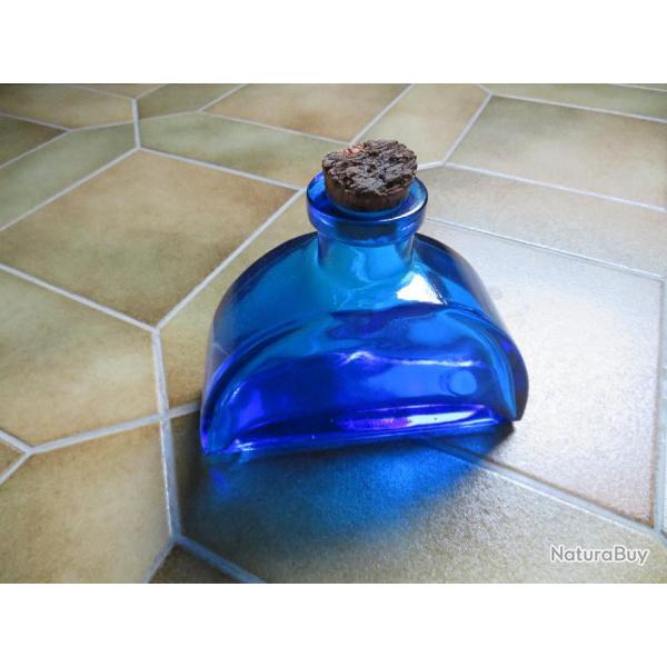 Grand flacon ancien arrondi en verre bleu cobalt avec bouchon en li�ge - Italie vers 1960-70