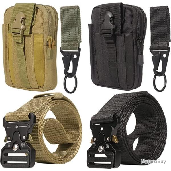 Lot de 2 Ceintures Tactiques + Pochette et Mousqueton 124,9 x 3,8 cm en Nylon Militaire