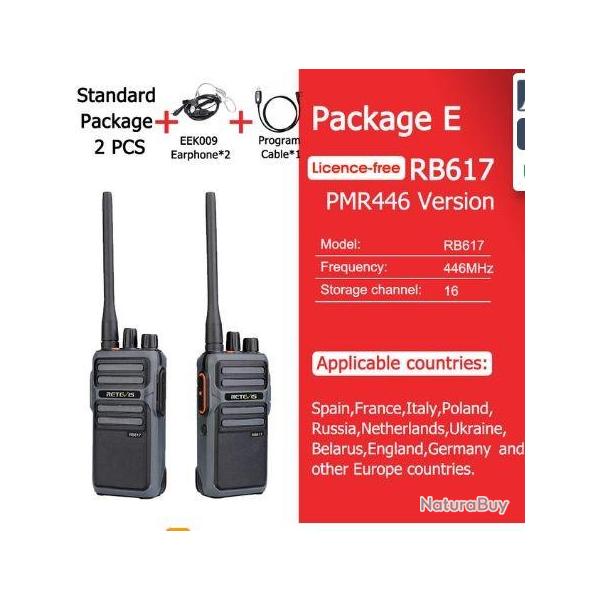 Retevis 2 Talkie-Walkie RB217 Radio Bidirectionnelle Communication HT Batterie 4400mAh Chasse P�che