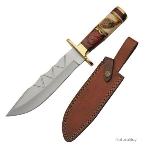 Couteau Bowie LEAF BONE & PAKKAWOOD Manche Os/Bois Lame Acier Inox Etui Cuir PA203465