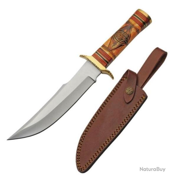 Couteau Bowie Red Sun Manche Os/Bois Lame Acier Inox Etui Cuir PA203466