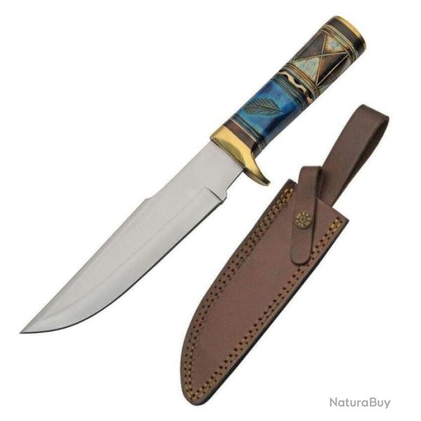 Couteau Bowie Blue Thunder Bone Manche Os Lame Acier Inox Etui Cuir PA203467