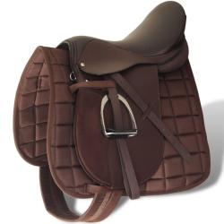Set de selle &eacute;quitation 17,5" en cuir v&eacute;ritable 12 cm 5 en 1 brun