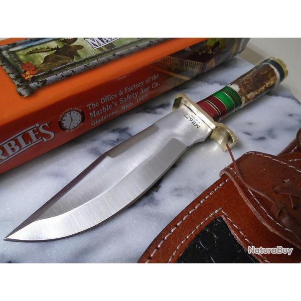 Couteau Skinner Marbles Manche Bois de Cerf Lame Acier Inox Etui CUir MR627