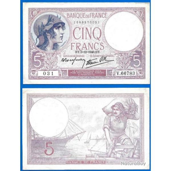 France 5 Francs 1940 5 D�cembre Violet Billet Franc Frcs Frc Frs