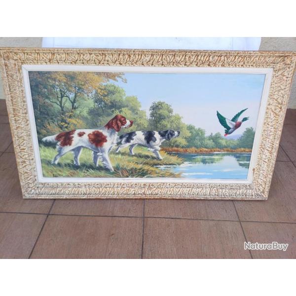 BELLE  PEINTURE  DE L ARTISTE :  C ROLIER 1912 / 1968  . SETTER CHASSANT UN COLVERT .