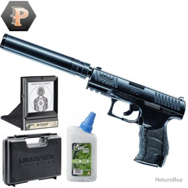 Pistolet Walther PPQ Navy billes 6mm � ressort 0,5J + billes + mallette + porte cible + cible