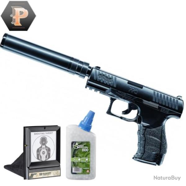 Pistolet Walther PPQ Navy billes 6mm � ressort 0,5J + billes + porte cible + cible