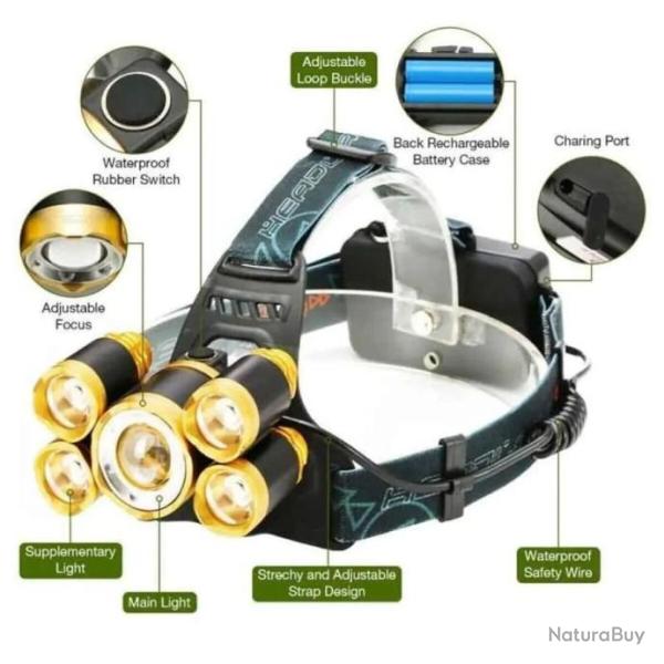 Lampe Frontale Puissante 5 LED de 8000 lumens Lampe Torche LED 2 x 18650mAh Zoom