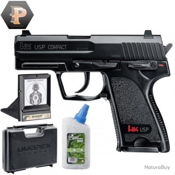 Pistolet HK USP compact billes 6mm � ressort 0,5J + billes + mallette + porte cible + cibles