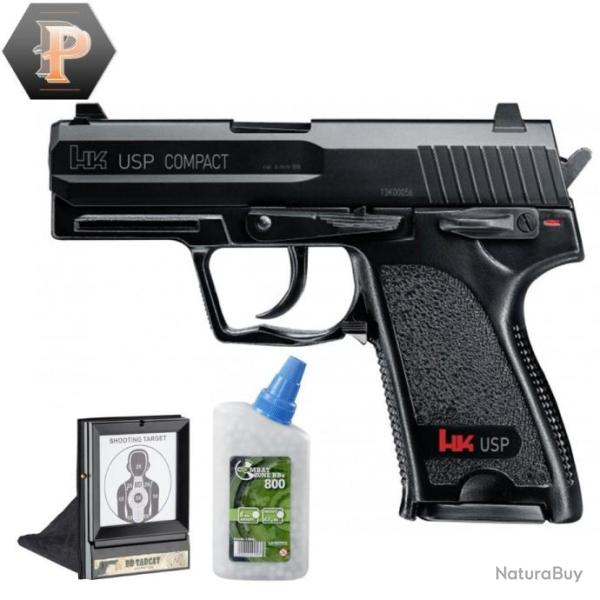 Pistolet HK USP compact billes 6mm � ressort 0,5J + billes + porte cible + cibles