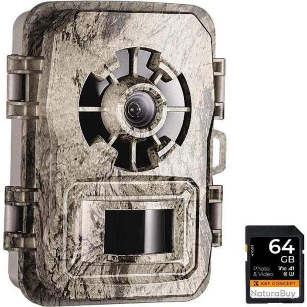 Cam�ra de Chasse 24MP 1296P/30fps 0.2S Vitesse D�clenchement IP66 �tanche Nocturne + Carte SD 64G