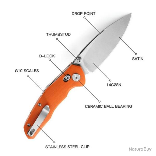 Couteau Bestech Ronan Orange Manche G10 Lame Acier 14C28N Satin IKBS Crossbar Lock Clip BTKMK02C