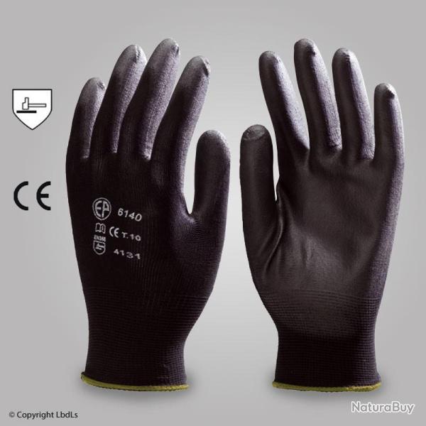 Gants de palpation suret paume enduite en PU, lot de 10 paires NOIR T11