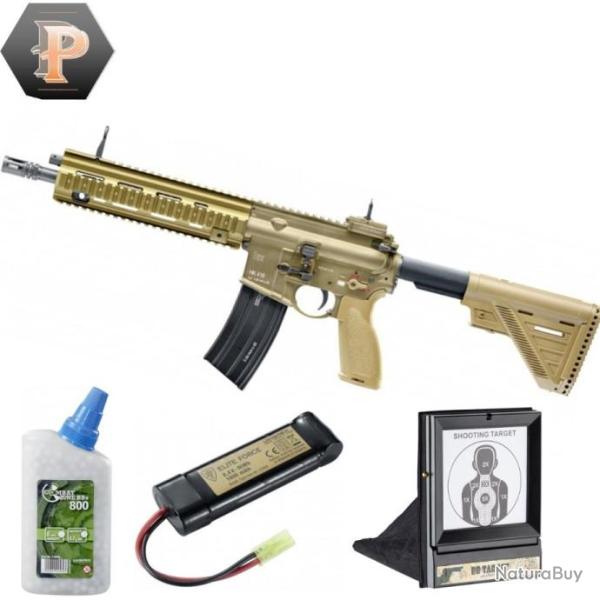 Carabine HK 416 A5 tan �lectrique full auto 1,0J + billes + batterie + porte cible + cibles