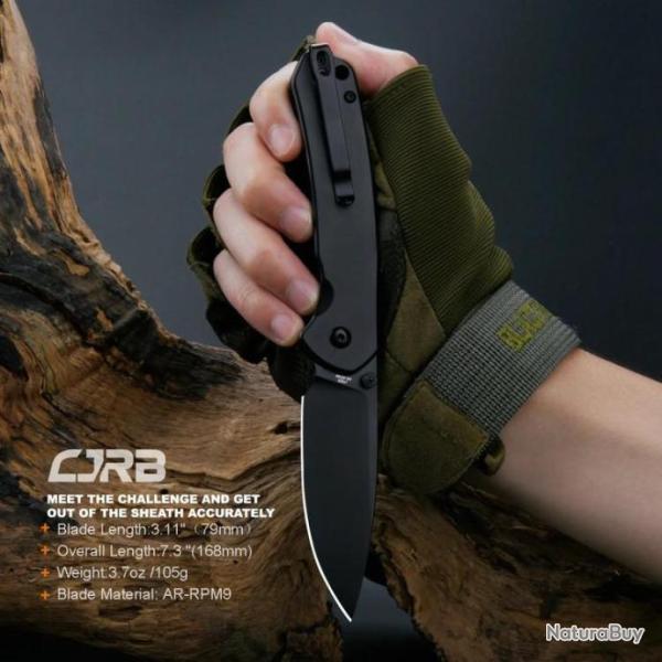 Couteau CJRB Pyrite Steel Lame Acier AR-RPM9 Manche Black Steel IKBS Button Lock J1925BST