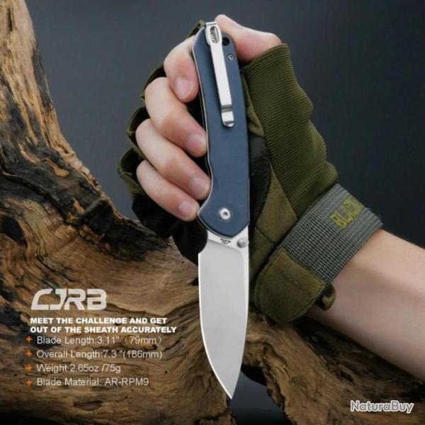 Couteau CJRB Pyrite Blue Lame Acier AR-RPM9 Manche G10 IKBS Button Lock J1925GY