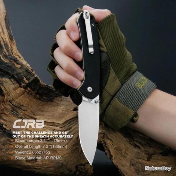 Couteau CJRB Pyrite Black Lame Acier AR-RPM9 Manche G10 IKBS Button Lock J1925BK