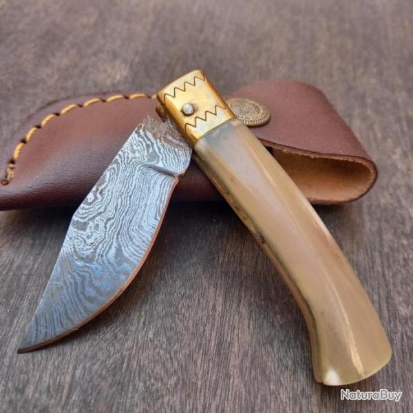 Couteau Italien, SARDE? DAMAS Manche en Corne �tui en cuir