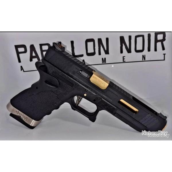 PRE COMMANDE GLOCK34 FORCE BLACK SLIDE & [GOLD BARREL] WE CUSTOM AVEC FIBRE OPTIQUE PHOSPHO BY PNA