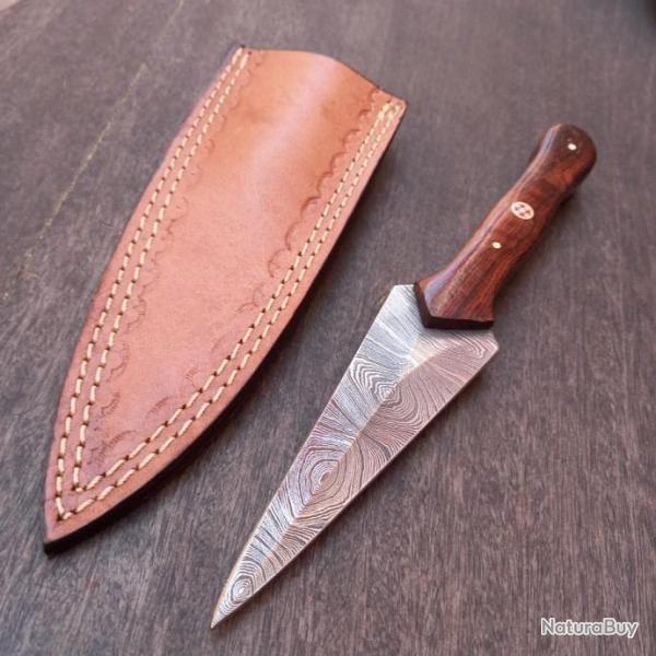 Couteau Damas Dague Double tranchants Manche en Bois avec �tui en cuir
