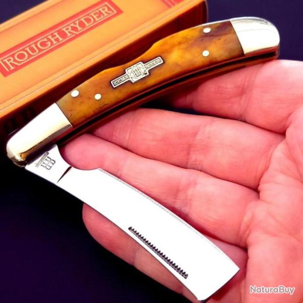 Couteau Rasoir Rough Ryder Amber Smooth Bone Manche Os Lame Acier 440 Lockback RR2003