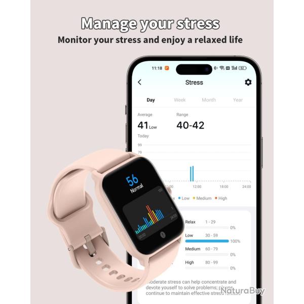 Montre Connect�e Femme Suivi Fitness Moniteur Fr�quence Cardiaque Bracelet 44mm ROSE