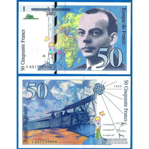 France 50 Francs 1999 NEUF Billet Saint Exupery Avion Bi Plan Petit Prince Serie V