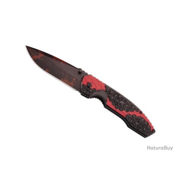 COUTEAU HERBERTZ ALU ROUGE/NOIR 12CM TETE DE MORT INOX