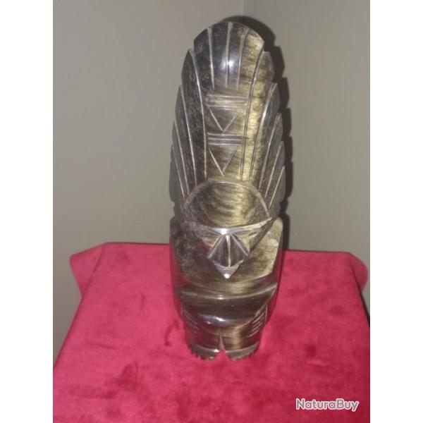 Tres belle ancienne grande sculpture d'obsidienne noir dor�