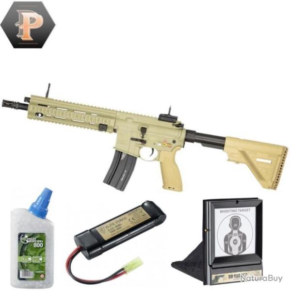 Carabine HK416 A5 sportline 6mm lectrique full auto Tan 1,0J+batterie+billes+porte cible+cibles