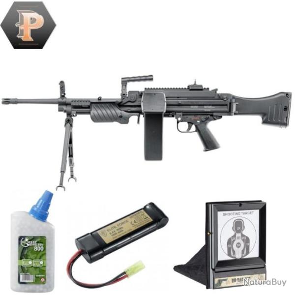 Fusil Mitrailleur HK MG4 billes 6mm �lectrique full auto 1,0J+billes+batterie+porte cible+cibles