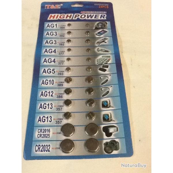 LOT DE 24 PILES POUR MONTRE LAMPES CLES DE VOITURE POINT ROUGE ETC...