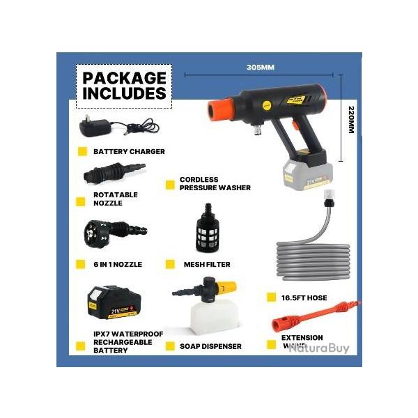 Nettoyeur Haute Pression Sans Fil Portable 6 MPA 870PSI Pratique Lavage Terrasse Voiture Jardin