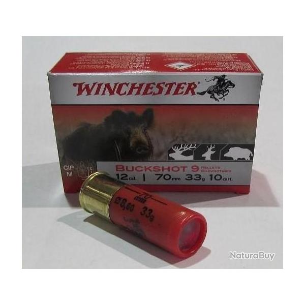 1 boite 10 cartouches Winchester de chevrotine 9 grains bourre grasse , cal 12/70