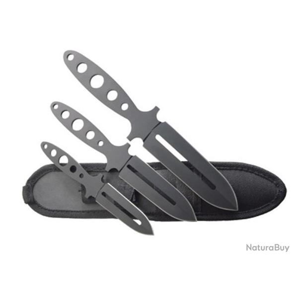 JEU 3 COUTEAUX LANCER HERBERTZ TOUT INOX NOIR + ETUI