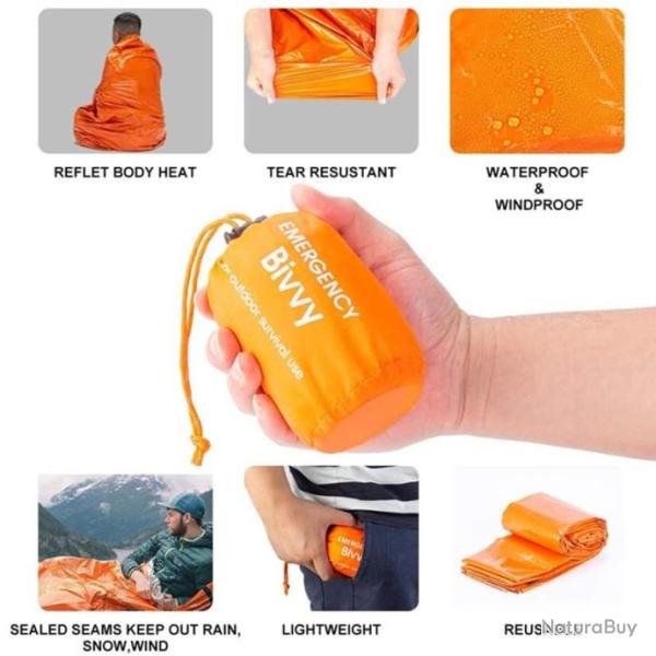Sac de Couchage d'Urgence avec sifflet de Survie tanche Compact Lger ORANGE Haute Qualit