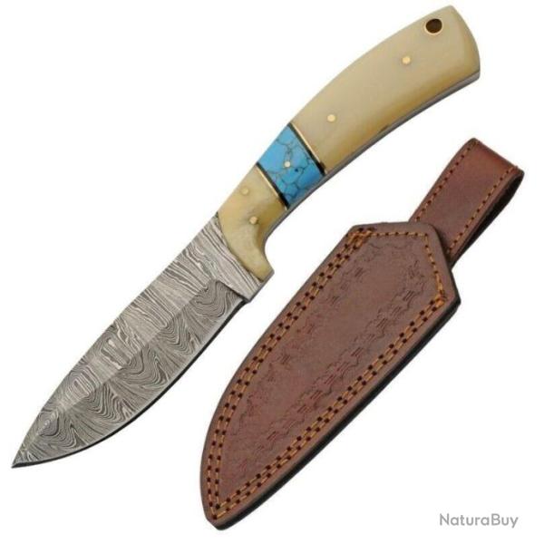 Couteau De Chasse Lame Damas 256 Couches Manche Os & Turquoise Etui Cuir DM1359