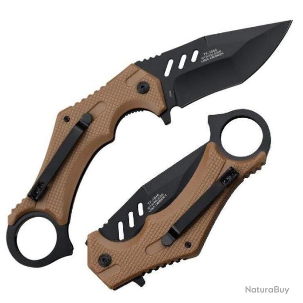 Couteau Karambit Brown Lame Tanto Acier 3Cr13 Manche ABS Linerlock Clip Tac Force TF1044BR